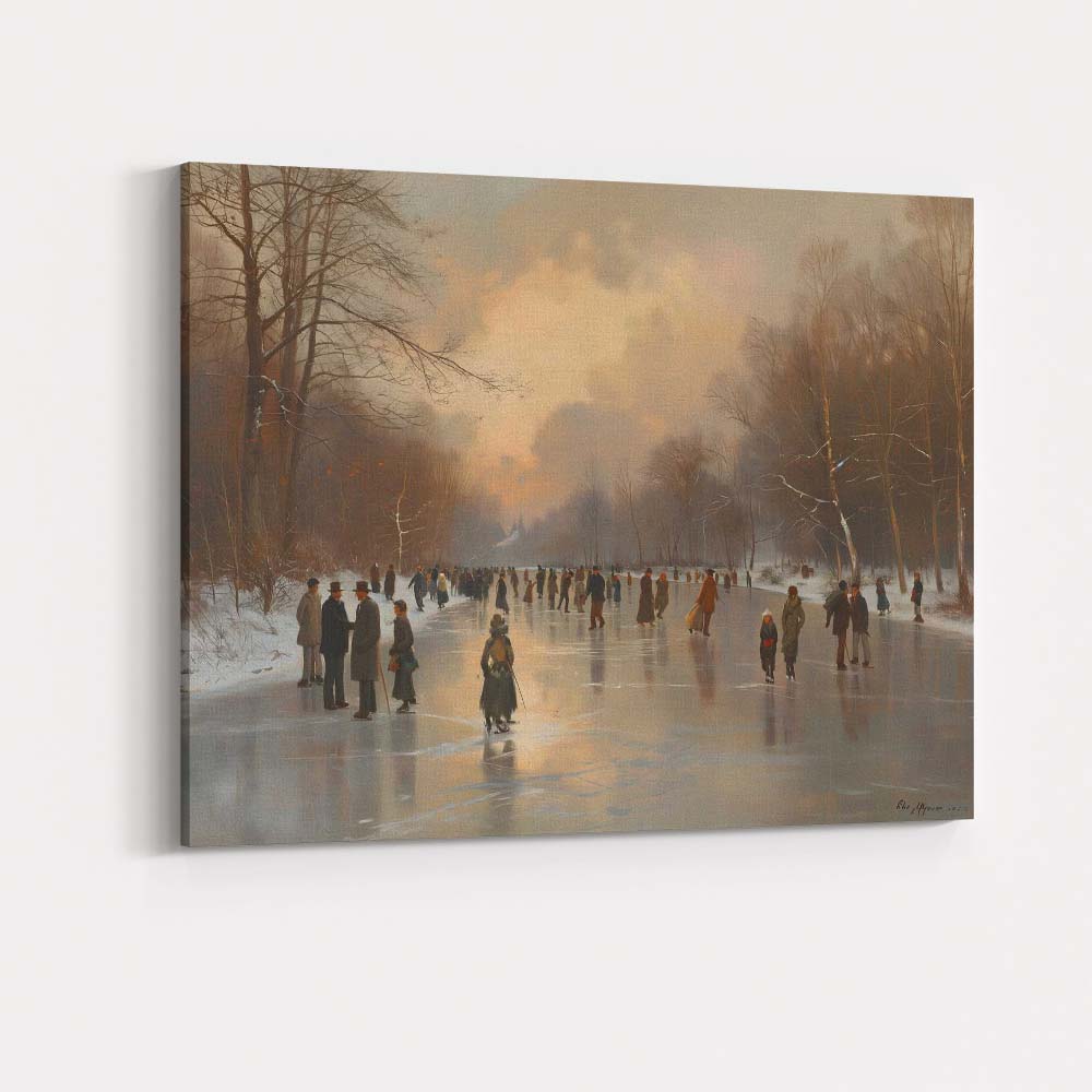 Atmospheric Frozen Canal Ice Skaters At Winter Sunset Canvas Wall Art Print Decor Picture Ready to Hang