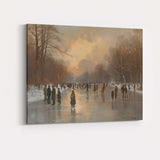 Atmospheric Frozen Canal Ice Skaters At Winter Sunset Canvas Wall Art Print Decor Picture Ready to Hang