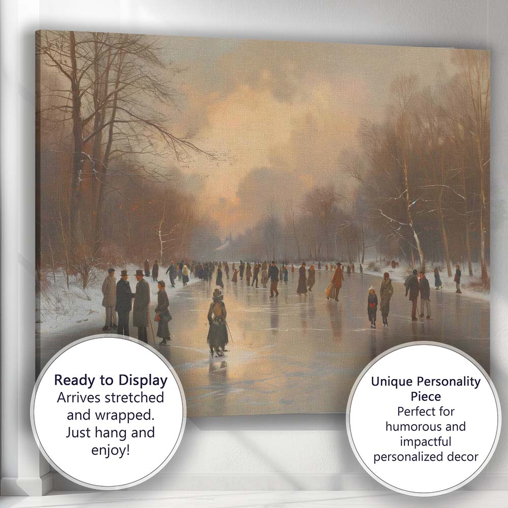 Atmospheric Frozen Canal Ice Skaters At Winter Sunset Canvas Wall Art Print Decor Picture Ready to Hang