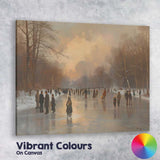 Atmospheric Frozen Canal Ice Skaters At Winter Sunset Canvas Wall Art Print Decor Picture Ready to Hang
