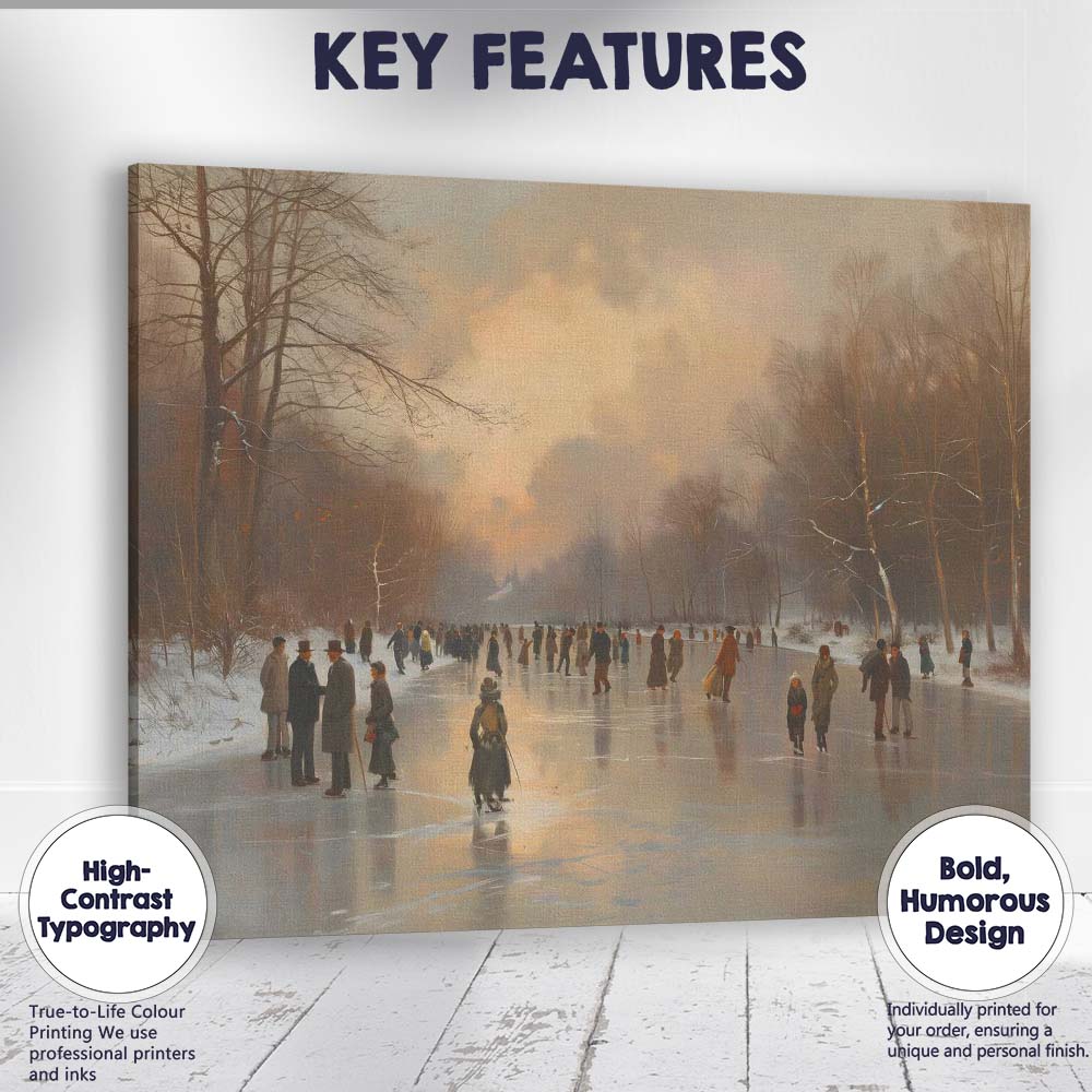 Atmospheric Frozen Canal Ice Skaters At Winter Sunset Canvas Wall Art Print Decor Picture Ready to Hang