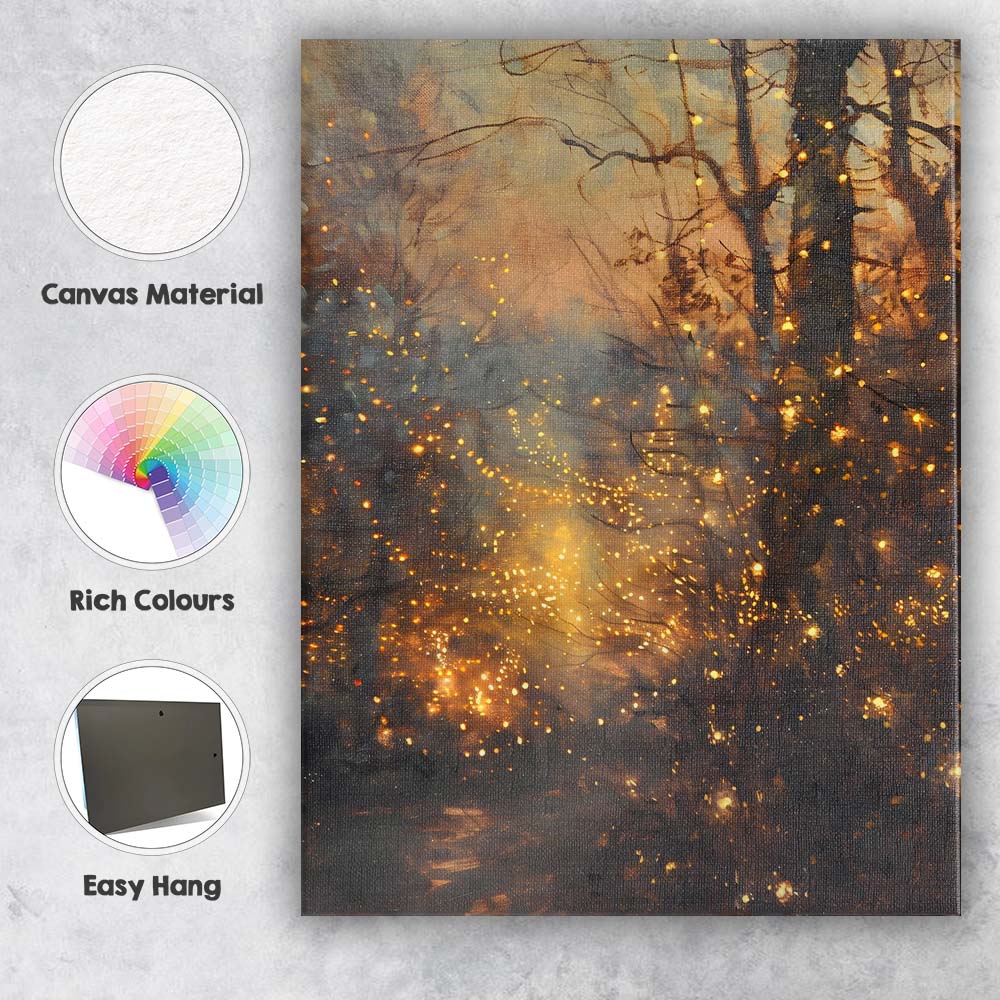 Golden Fireflies Enchanted Woodland Twilight Abstract Canvas Wall Art Print Decor Picture Ready to Hang