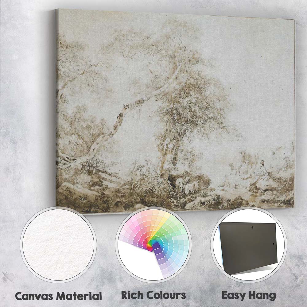 Sepia Rustic Countryside Tree Pastoral Sketch Canvas Wall Art Print Decor Picture Ready to Hang