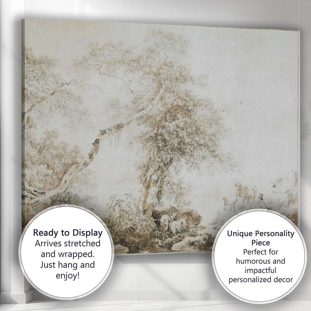 Sepia Rustic Countryside Tree Pastoral Sketch Canvas Wall Art Print Decor Picture Ready to Hang