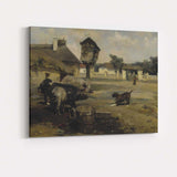 Traditional Rustic Farmyard Pigs Village Courtyard Oil Painting Canvas Wall Art Print Decor Picture Ready to Hang