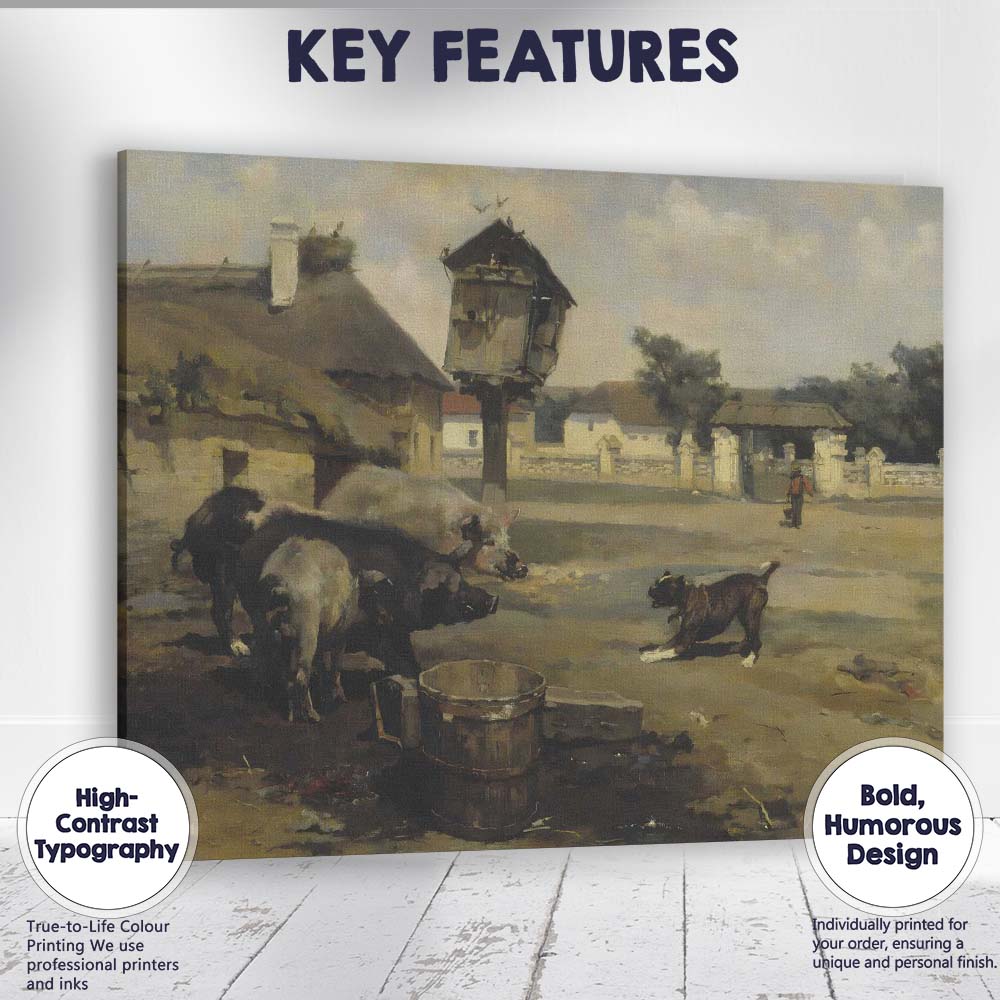 Traditional Rustic Farmyard Pigs Village Courtyard Oil Painting Canvas Wall Art Print Decor Picture Ready to Hang