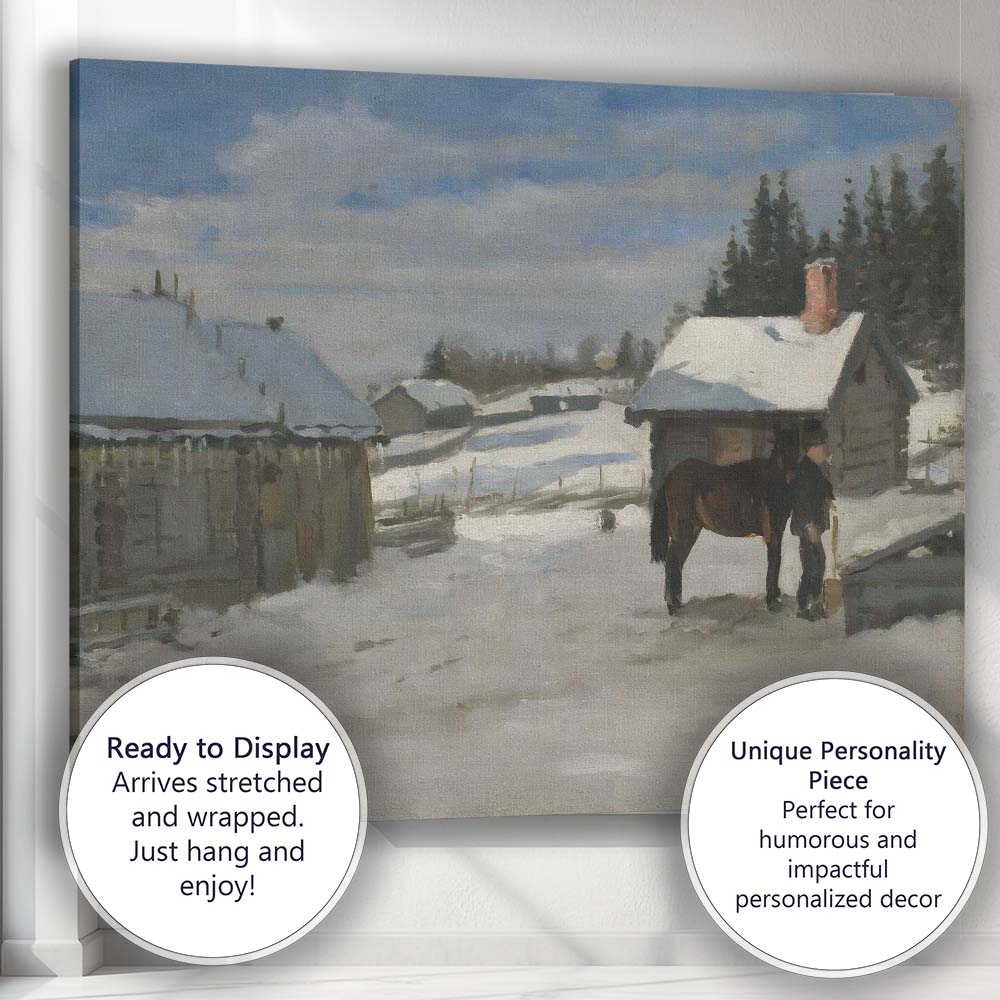Impressionist Snowy Farmhouse Horse Winter Rural Landscape Canvas Wall Art Print Decor Picture Ready to Hang