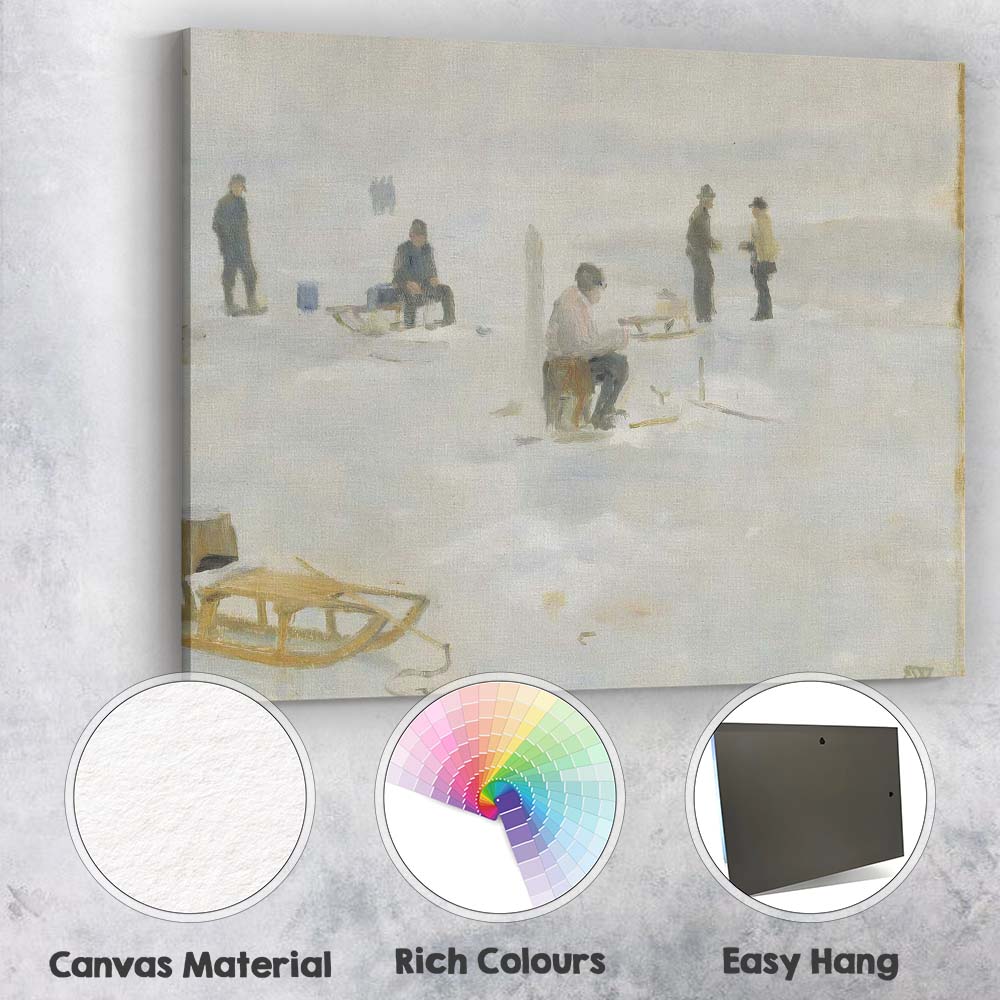Soft Impressionist Winter Ice Fishing Frozen Lake Snow Scene Canvas Wall Art Print Decor Picture Ready to Hang