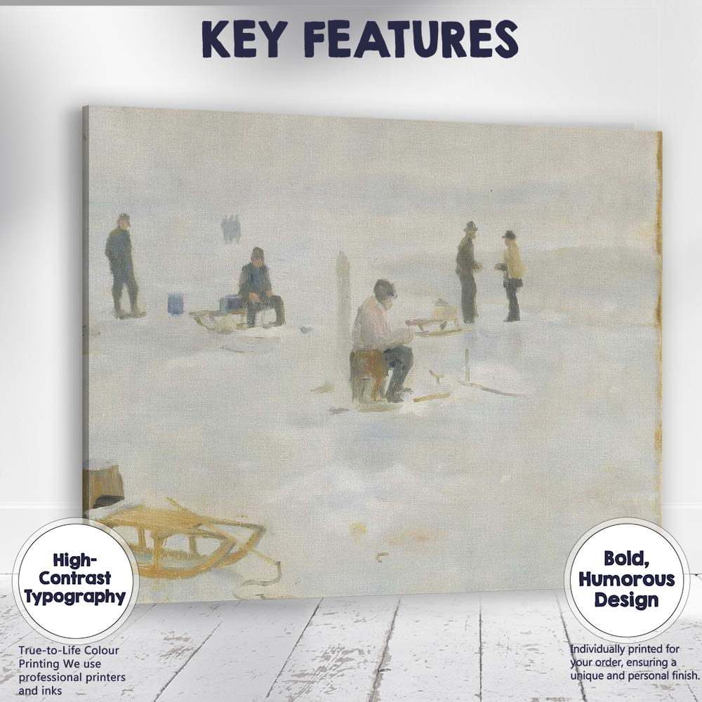 Soft Impressionist Winter Ice Fishing Frozen Lake Snow Scene Canvas Wall Art Print Decor Picture Ready to Hang