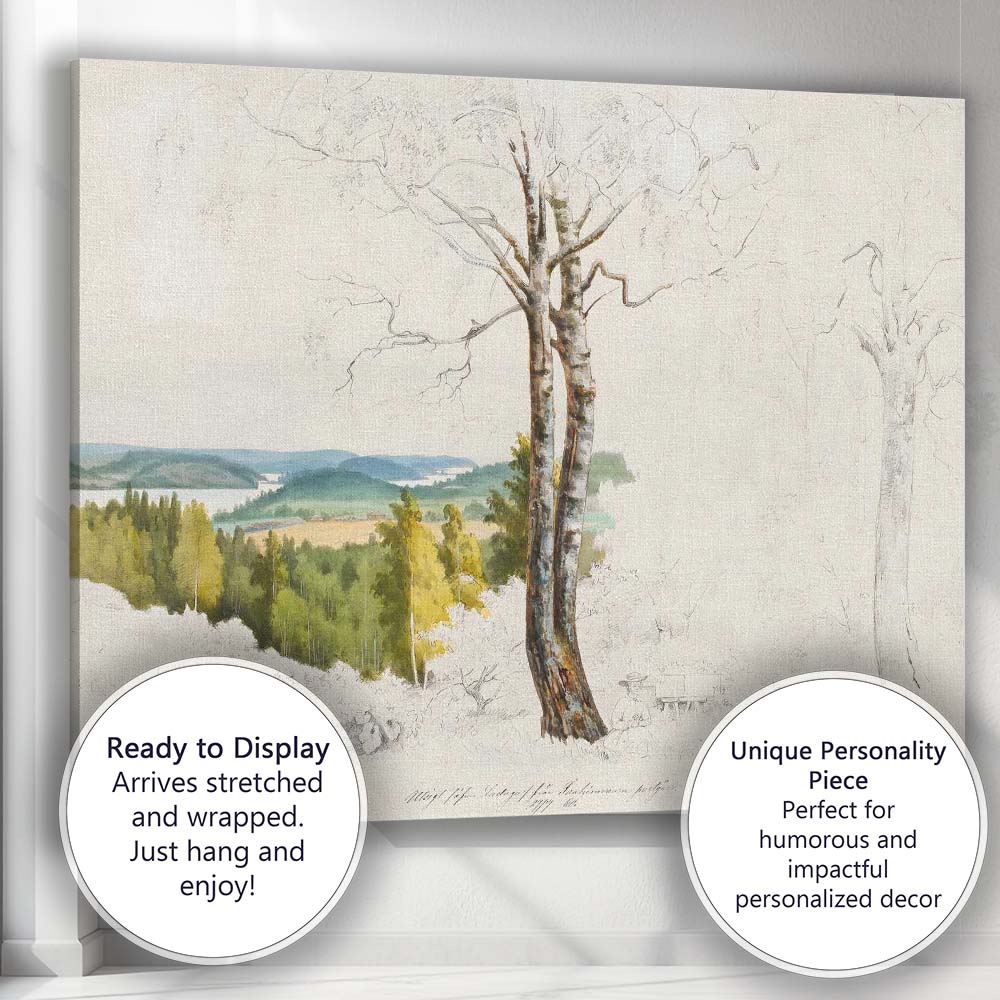 Birch Tree Countryside Scenic Sketch Landscape Canvas Wall Art Print Decor Picture Ready to Hang