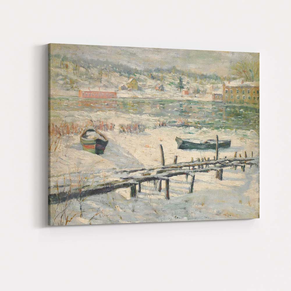 Frozen Riverside Village Winter Waterside Impressionist Painting Canvas Wall Art Print Decor Picture Ready to Hang