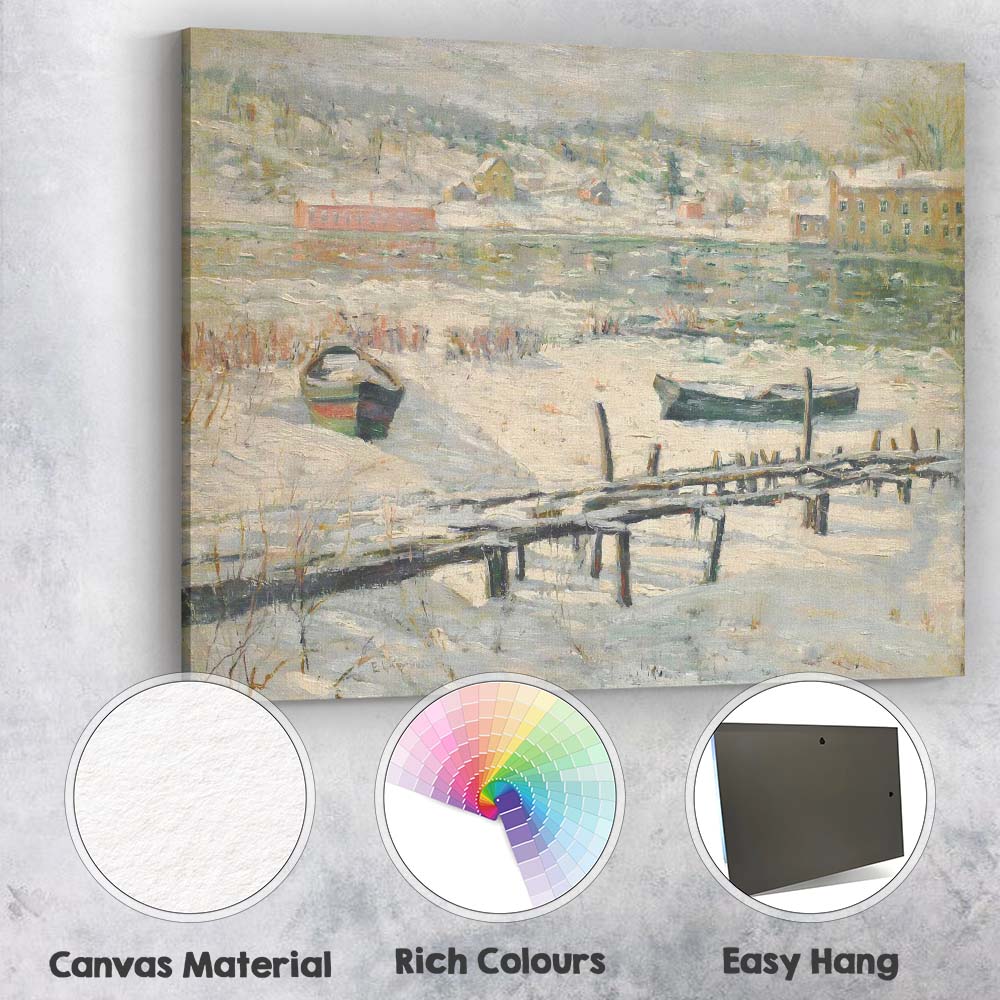 Frozen Riverside Village Winter Waterside Impressionist Painting Canvas Wall Art Print Decor Picture Ready to Hang