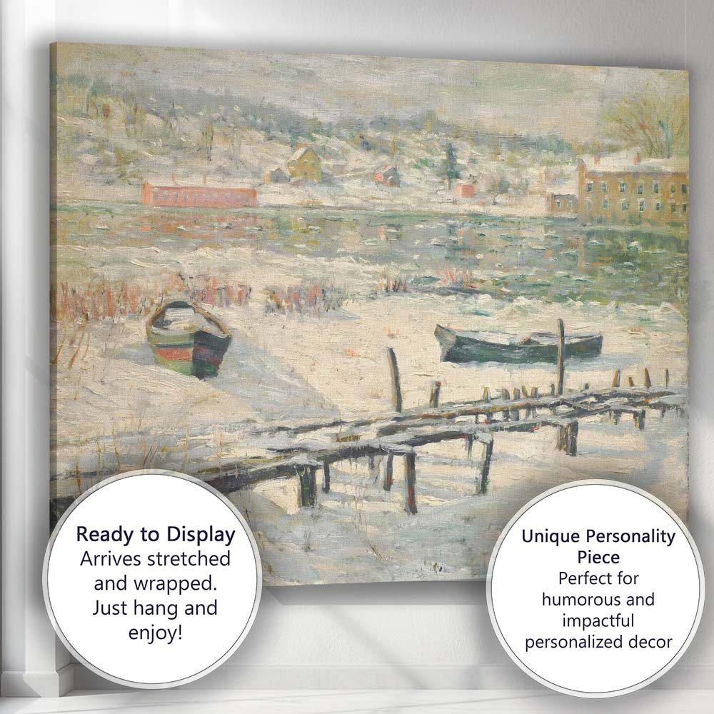 Frozen Riverside Village Winter Waterside Impressionist Painting Canvas Wall Art Print Decor Picture Ready to Hang