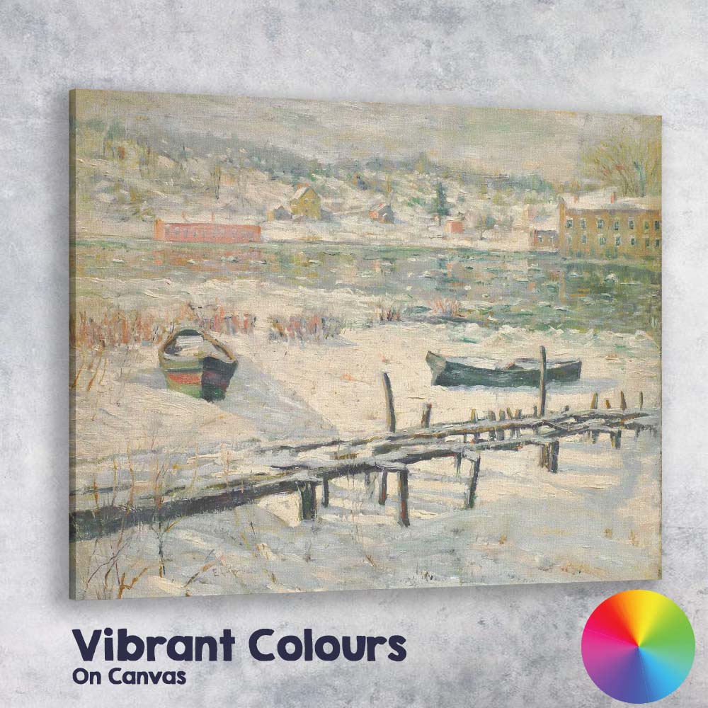 Frozen Riverside Village Winter Waterside Impressionist Painting Canvas Wall Art Print Decor Picture Ready to Hang