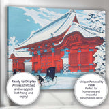 Japanese Temple Architecture In Snow Traditional Woodblock Style Canvas Wall Art Print Decor Picture Ready to Hang