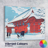 Japanese Temple Architecture In Snow Traditional Woodblock Style Canvas Wall Art Print Decor Picture Ready to Hang