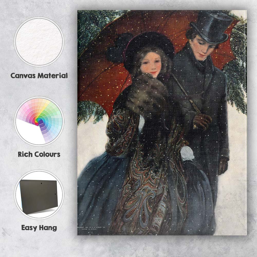 Victorian Couple Under Red Umbrella Snowfall Romantic Winter Canvas Wall Art Print Decor Picture Ready to Hang