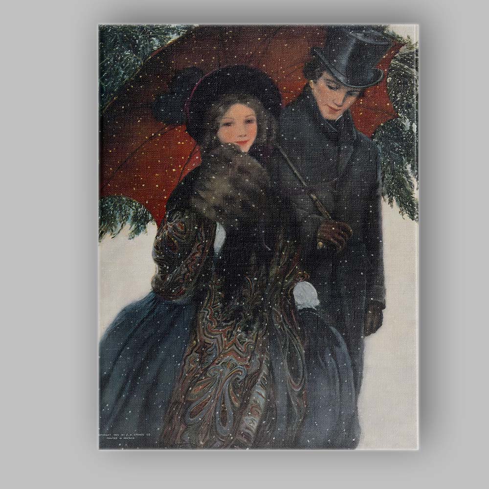 Victorian Couple Under Red Umbrella Snowfall Romantic Winter Canvas Wall Art Print Decor Picture Ready to Hang