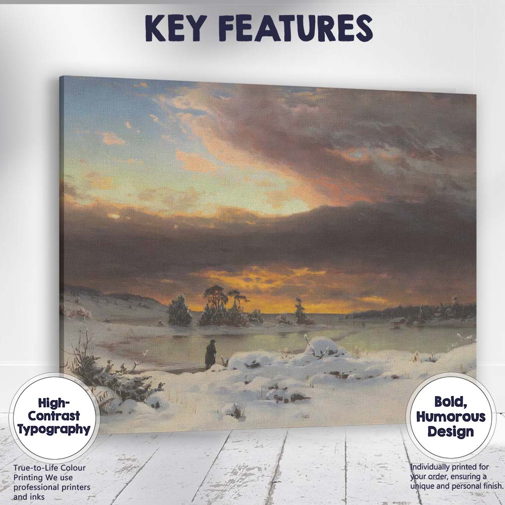 Atmospheric Winter Sunset Snow Covered Lake Landscape Oil Painting Canvas Wall Art Print Decor Picture Ready to Hang