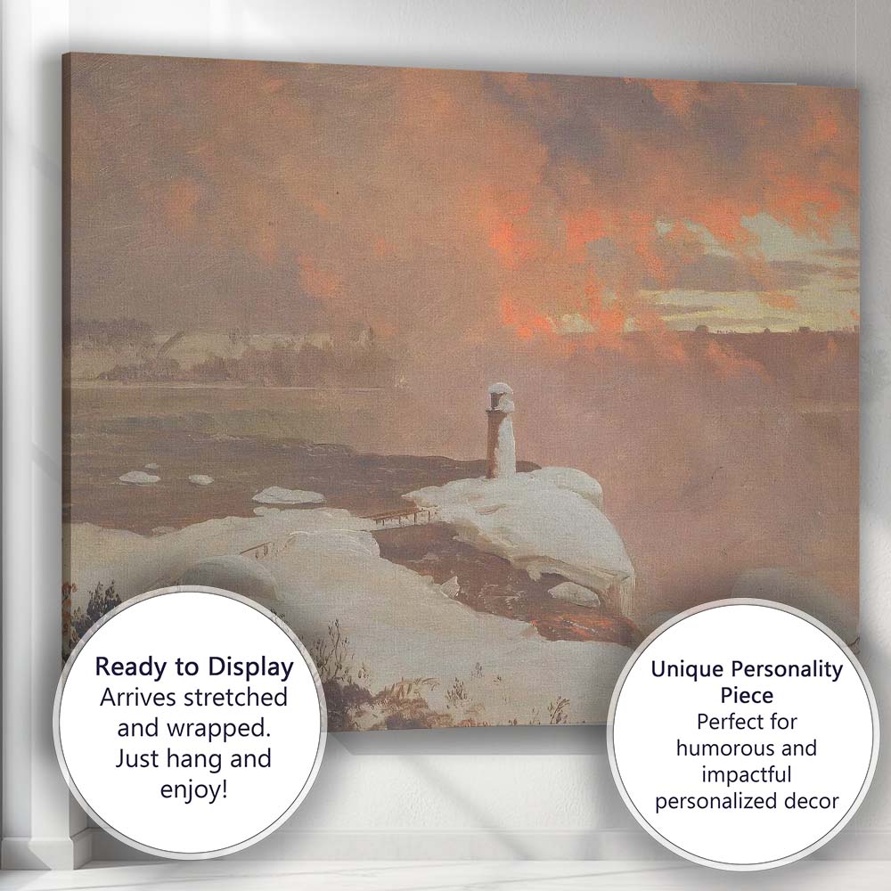 Romantic Winter Sunset Snow Covered Clifftop Landscape Oil Painting Canvas Wall Art Print Decor Picture Ready to Hang