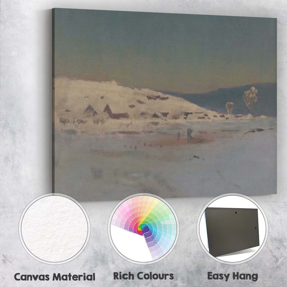 Minimalist Winter Village Frozen Lake Twilight Landscape Painting Canvas Wall Art Print Decor Picture Ready to Hang