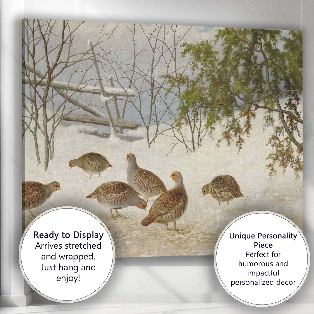 Partridge Birds Foraging In Snow Covered Woodland Painting Canvas Wall Art Print Decor Picture Ready to Hang
