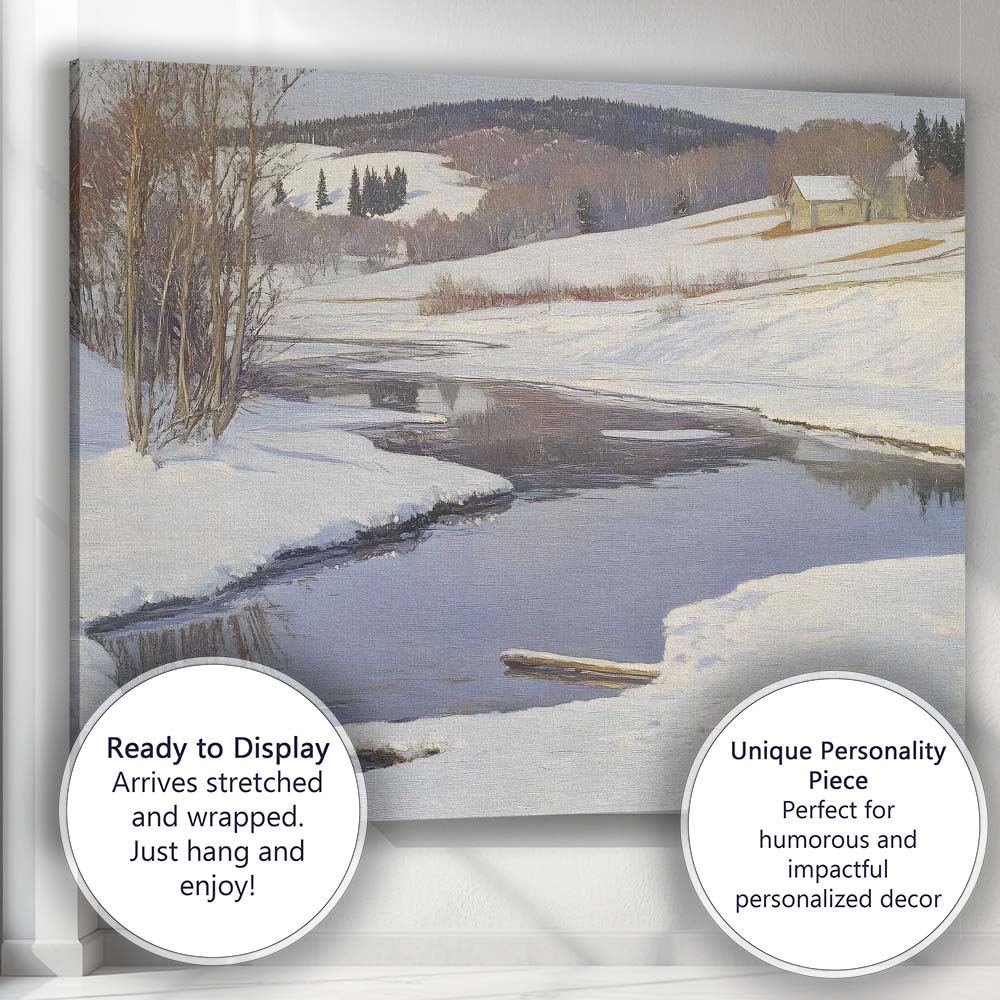 Peaceful Snow Covered River Bend Countryside Winter Landscape Painting Canvas Wall Art Print Decor Picture Ready to Hang