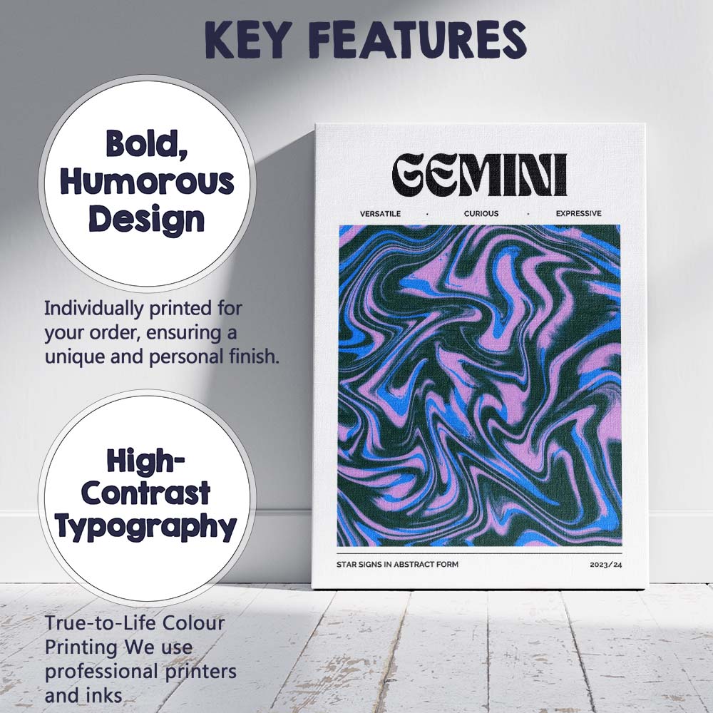 Gemini Zodiac Blue Purple Abstract Marble Swirl Canvas Wall Art Print Decor Picture Ready to Hang