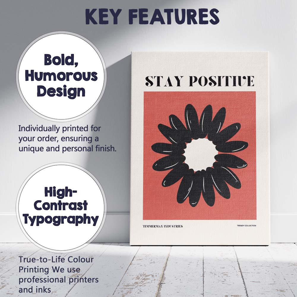 Stay Positive Black Daisy Floral Minimalist Typography Canvas Wall Art Print Decor Picture Ready to Hang