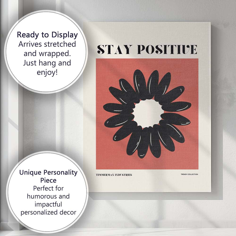Stay Positive Black Daisy Floral Minimalist Typography Canvas Wall Art Print Decor Picture Ready to Hang