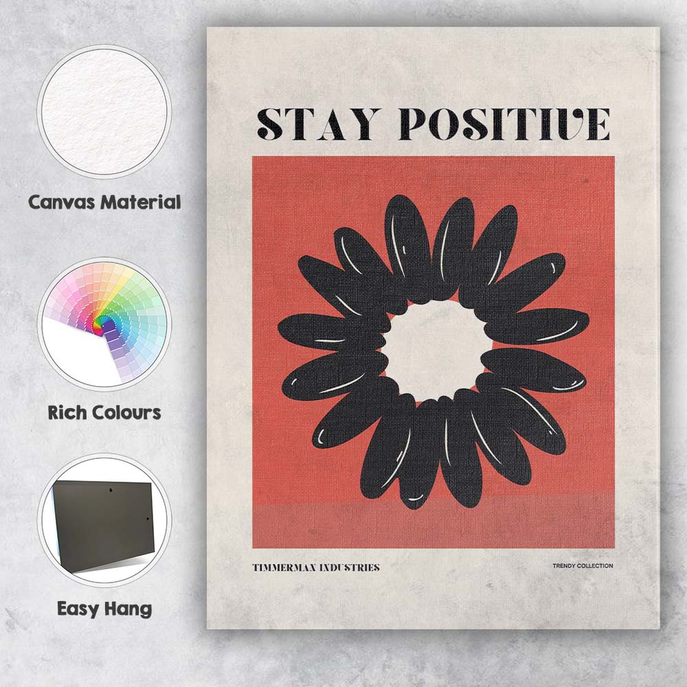 Stay Positive Black Daisy Floral Minimalist Typography Canvas Wall Art Print Decor Picture Ready to Hang
