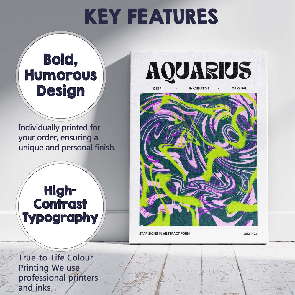 Aquarius Zodiac Neon Green Purple Abstract Marble Swirl Canvas Wall Art Print Decor Picture Ready to Hang