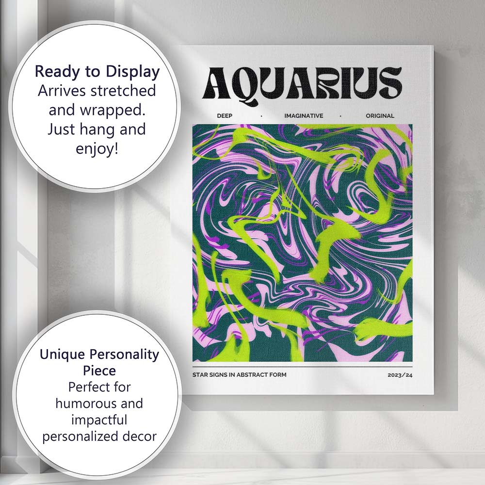 Aquarius Zodiac Neon Green Purple Abstract Marble Swirl Canvas Wall Art Print Decor Picture Ready to Hang