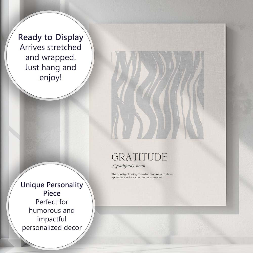 Minimalist Gratitude Definition Grey Abstract Pattern Typography Canvas Wall Art Print Decor Picture Ready to Hang