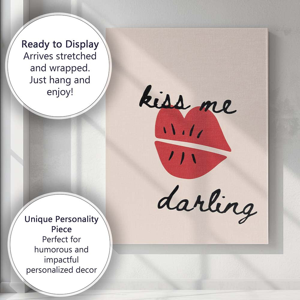 Minimalist Kiss Me Darling Red Lips Romantic Quote Canvas Wall Art Print Decor Picture Ready to Hang