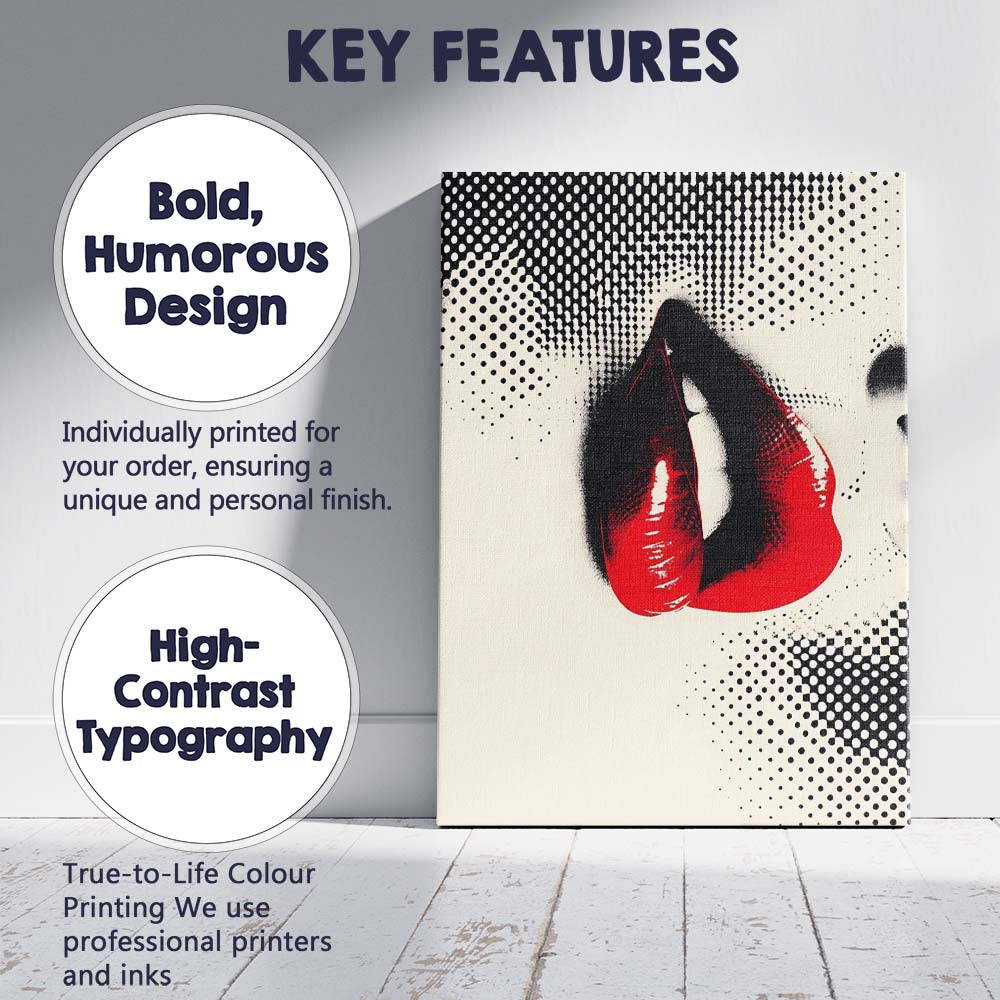 Pop Art Red Glossy Lips Halftone Fashion Portrait Canvas Wall Art Print Decor Picture Ready to Hang