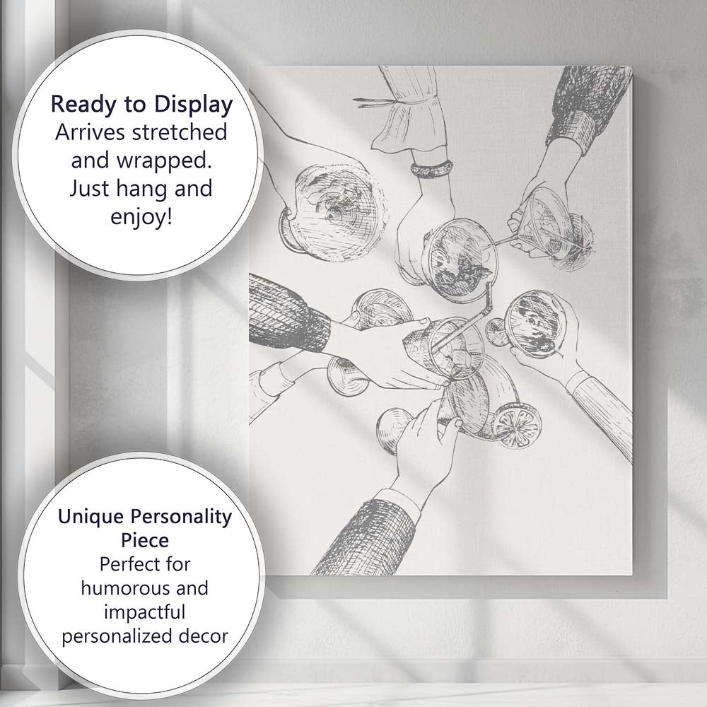 Abstract Minimalist Cocktail Cheers Line Art Hands Gathering Canvas Wall Art Print Decor Picture Ready to Hang