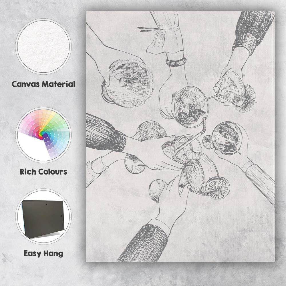 Abstract Minimalist Cocktail Cheers Line Art Hands Gathering Canvas Wall Art Print Decor Picture Ready to Hang