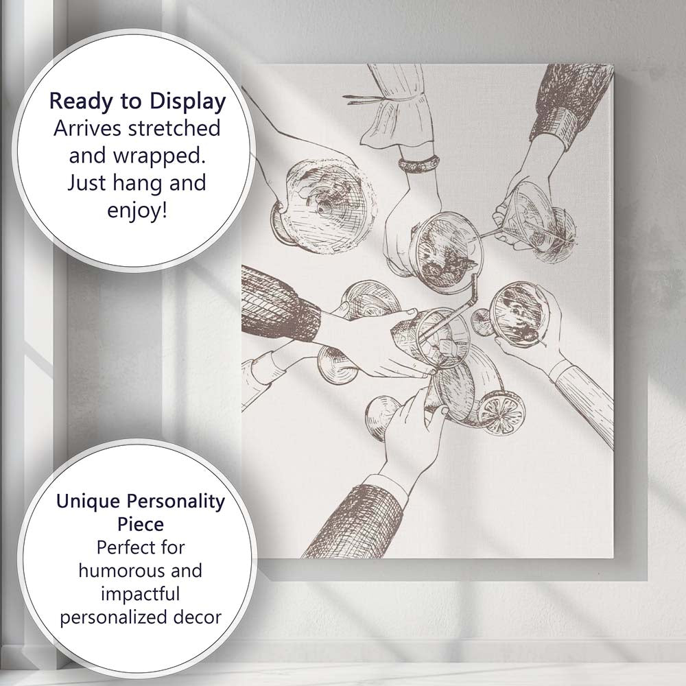 Abstract Minimalist Cocktail Toast Sketch Illustration Canvas Wall Art Print Decor Picture Ready to Hang