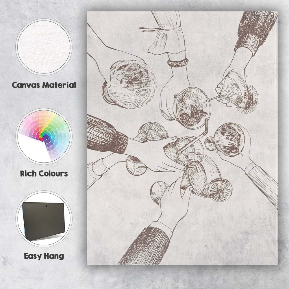 Abstract Minimalist Cocktail Toast Sketch Illustration Canvas Wall Art Print Decor Picture Ready to Hang