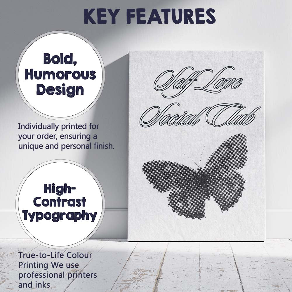 Elegant Black Butterfly Self Love Social Club Typography Canvas Wall Art Print Decor Picture Ready to Hang