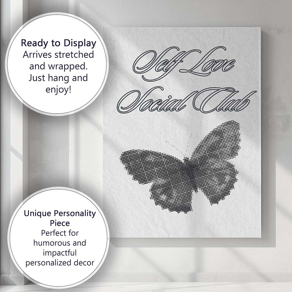 Elegant Black Butterfly Self Love Social Club Typography Canvas Wall Art Print Decor Picture Ready to Hang