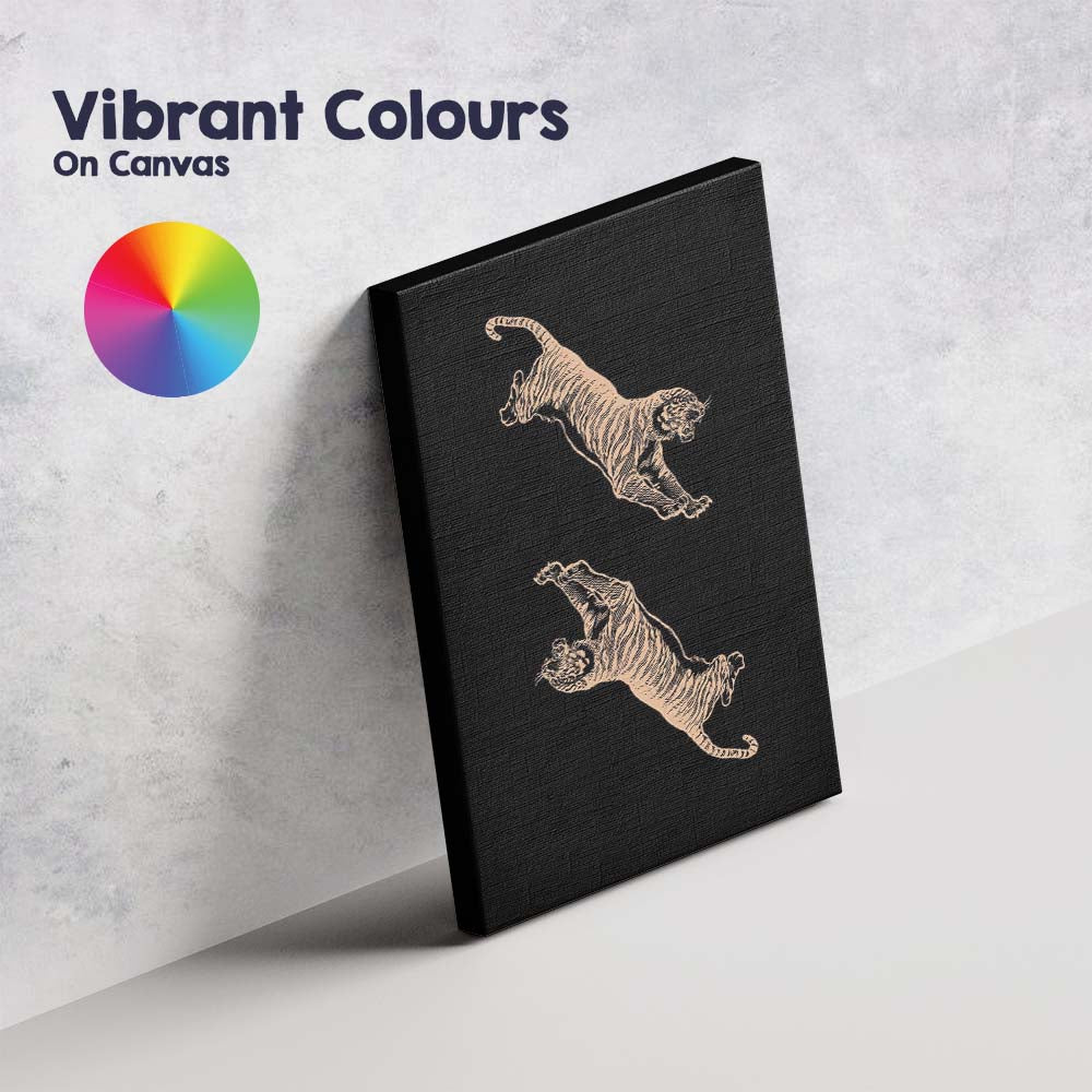 Minimal Black Background Leaping Tigers Line Art Illustration Canvas Wall Art Print Decor Picture Ready to Hang