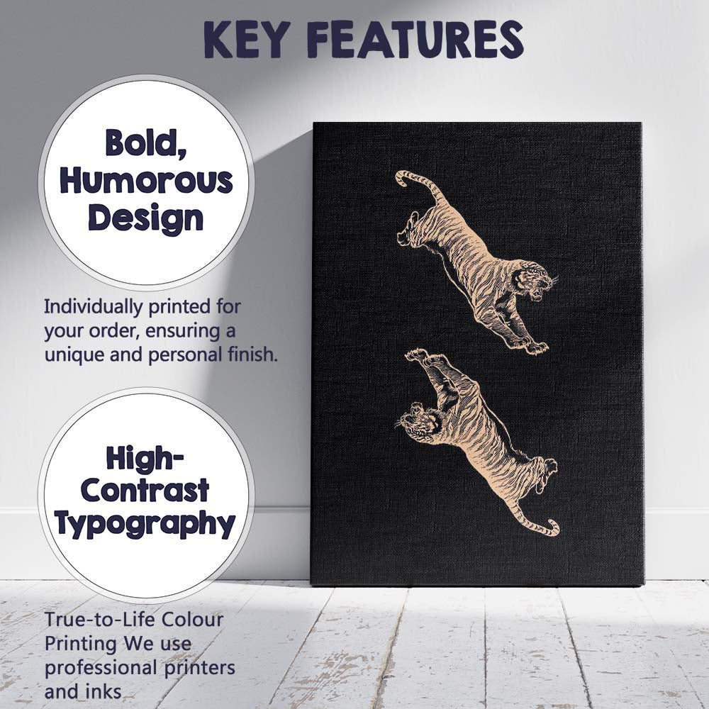Minimal Black Background Leaping Tigers Line Art Illustration Canvas Wall Art Print Decor Picture Ready to Hang
