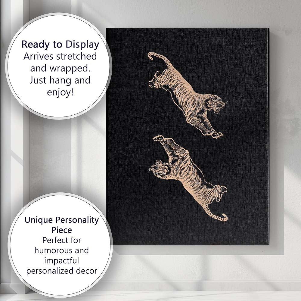 Minimal Black Background Leaping Tigers Line Art Illustration Canvas Wall Art Print Decor Picture Ready to Hang