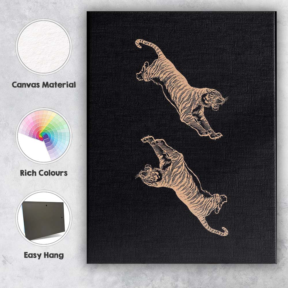 Minimal Black Background Leaping Tigers Line Art Illustration Canvas Wall Art Print Decor Picture Ready to Hang