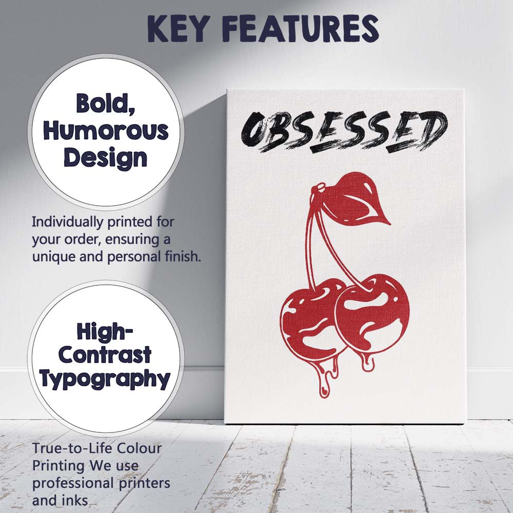 Bold Obsessed Red Cherry Graphic Typography Canvas Wall Art Print Decor Picture Ready to Hang