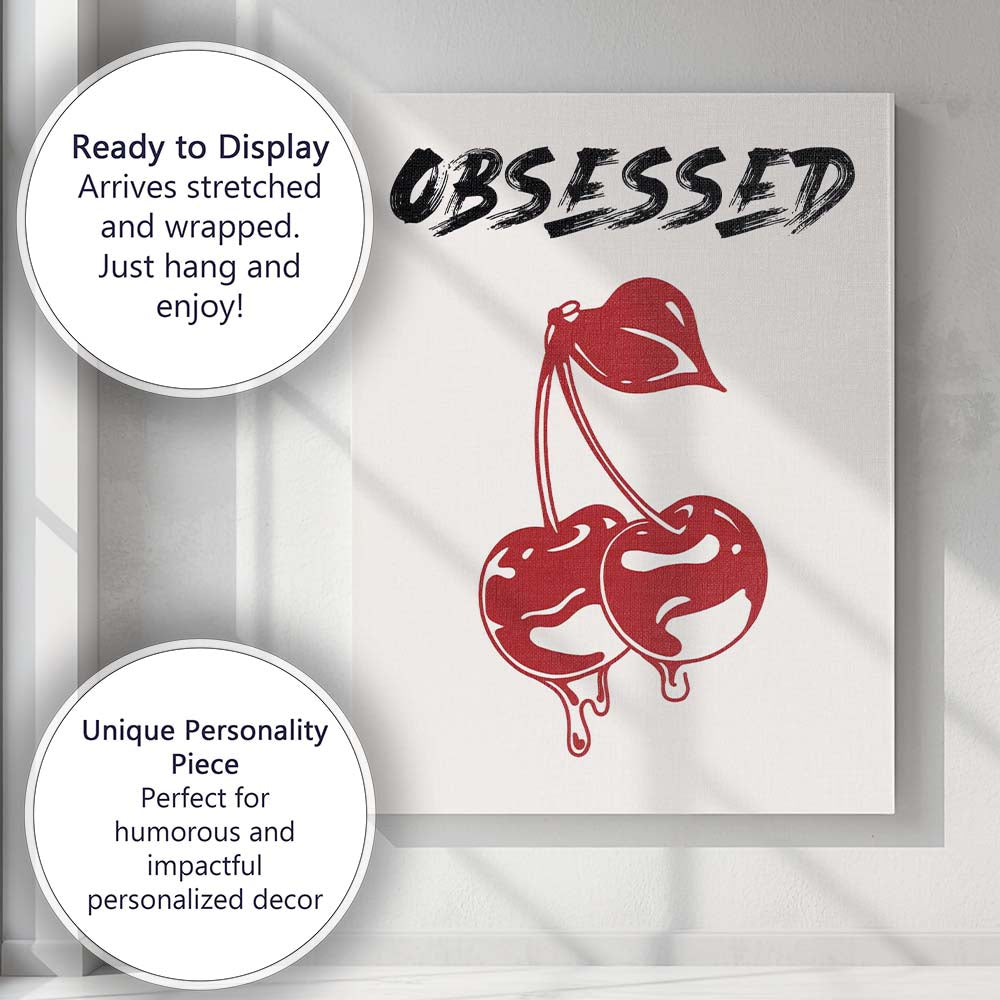 Bold Obsessed Red Cherry Graphic Typography Canvas Wall Art Print Decor Picture Ready to Hang