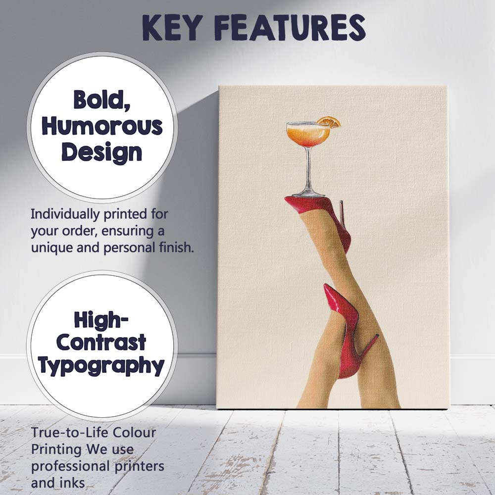 Red High Heels Cocktail Glass Fashion Glamour Minimalist Canvas Wall Art Print Decor Picture Ready to Hang