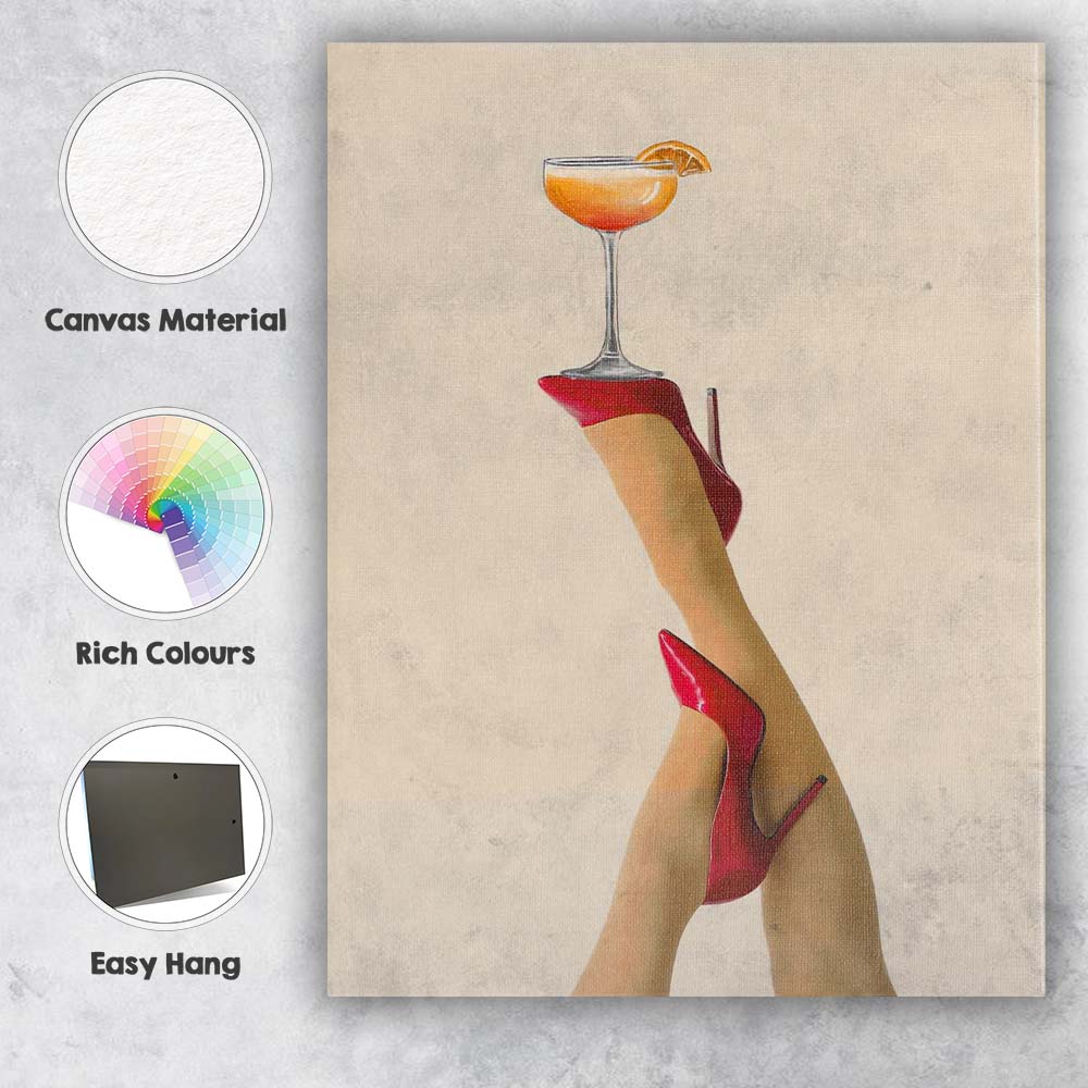 Red High Heels Cocktail Glass Fashion Glamour Minimalist Canvas Wall Art Print Decor Picture Ready to Hang